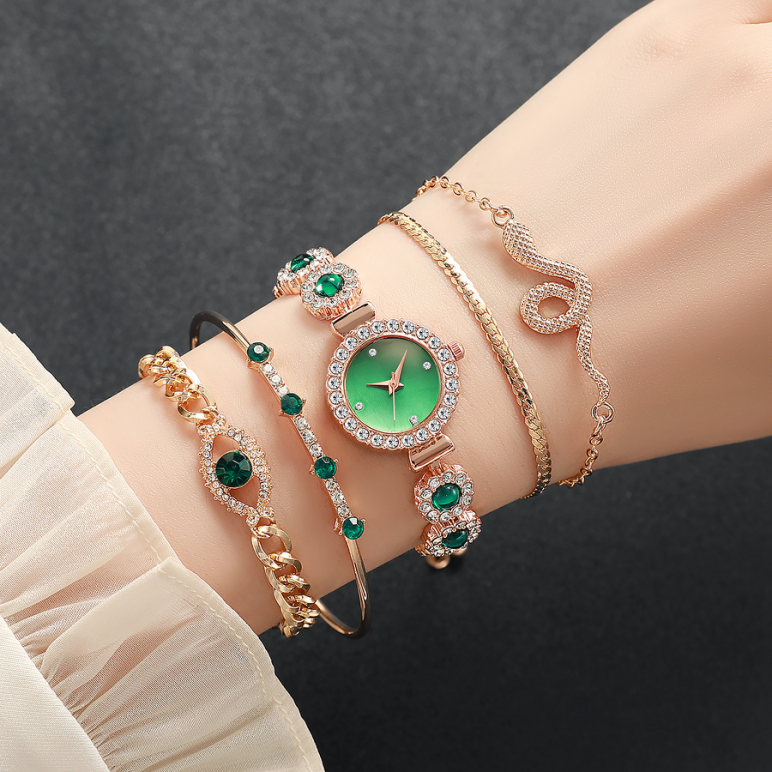 MD-S01711 5pcs/set Women’s emerald rhinestone steel bracelet Set retro diamond e
