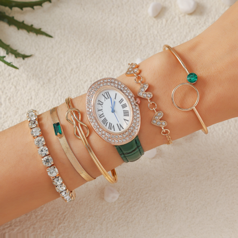 MD-S01325 Women’s fashion round diamond alligator belt quartz watch + jewelry se