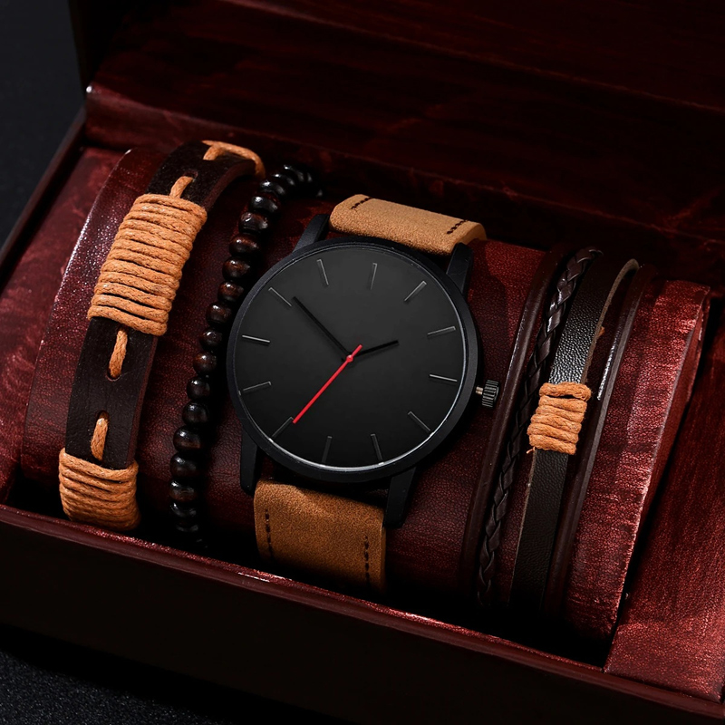 MD-S00128 Men’s Watch Business Quartz watch set + beaded bracelet + lace leather
